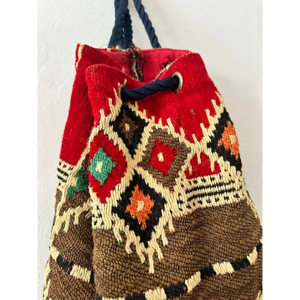 Vintage Kilim Tapestry Backpack Travel Bag Red Multicolor Drawstring Boho